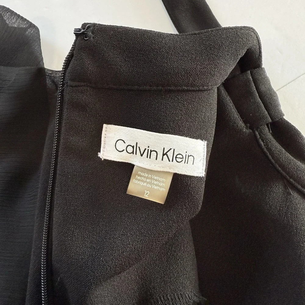 Calvin Klein Black Bow Neck Chiffon Sleeve Stretch Crepe Sheath Dress Size 12 - Picture 10 of 12